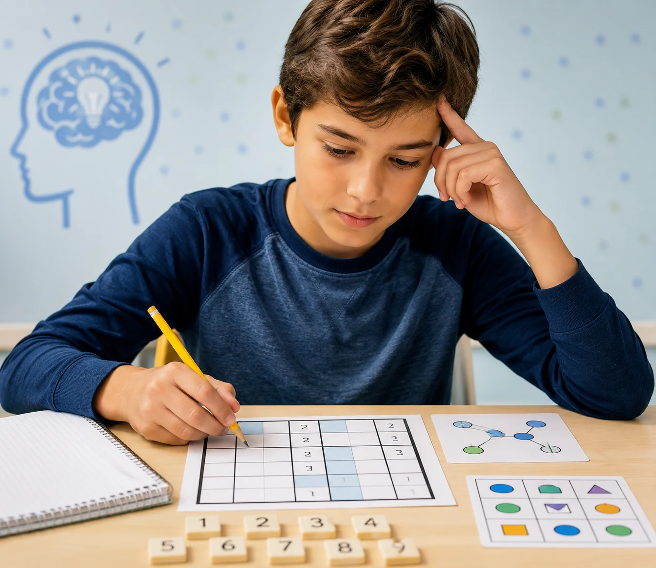 Sixth-grade student solving logic puzzles to strengthen critical thinking and problem-solving skills