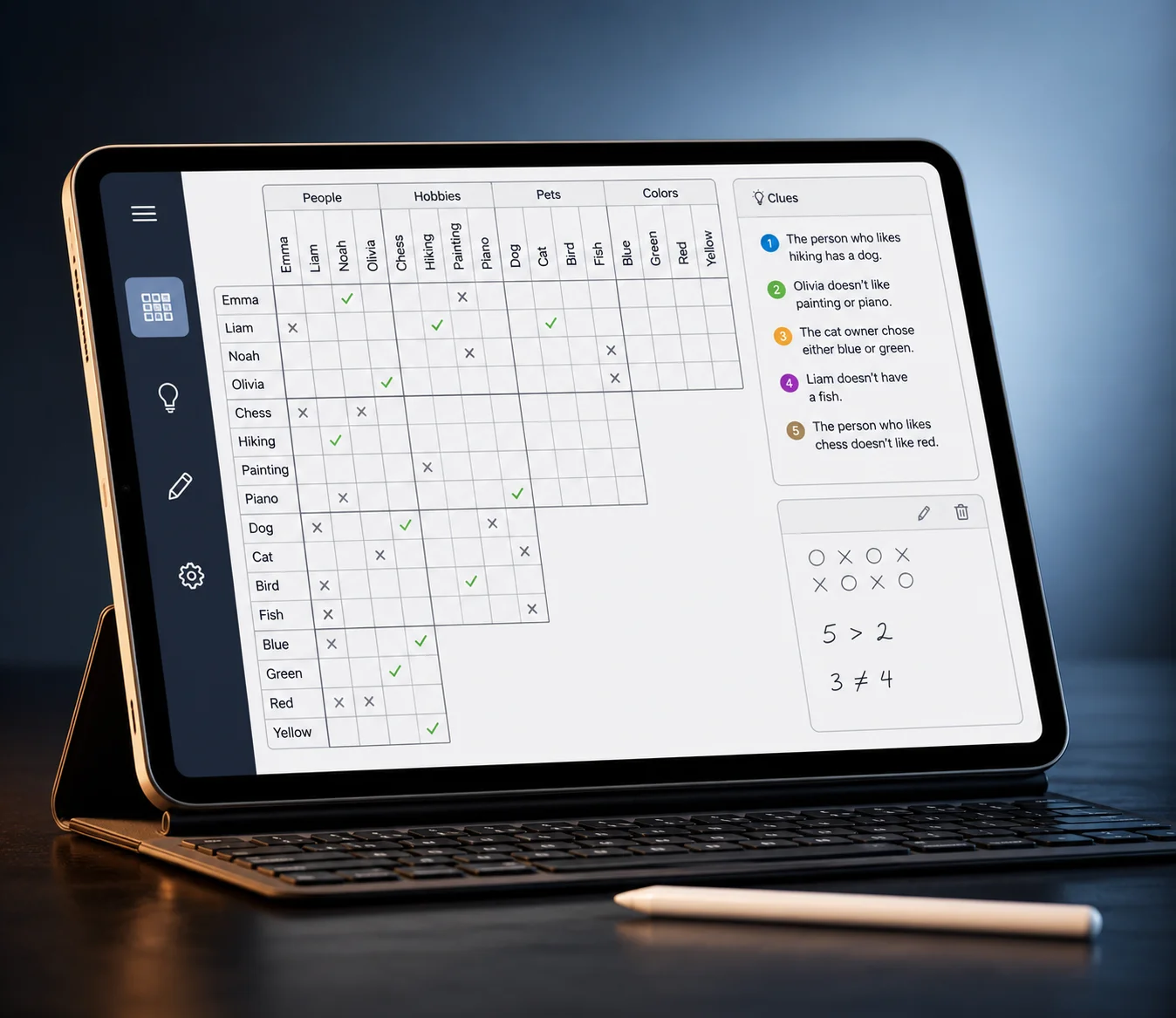 Online logic puzzle for adults displayed on a tablet with a grid, clues, and checkmarks