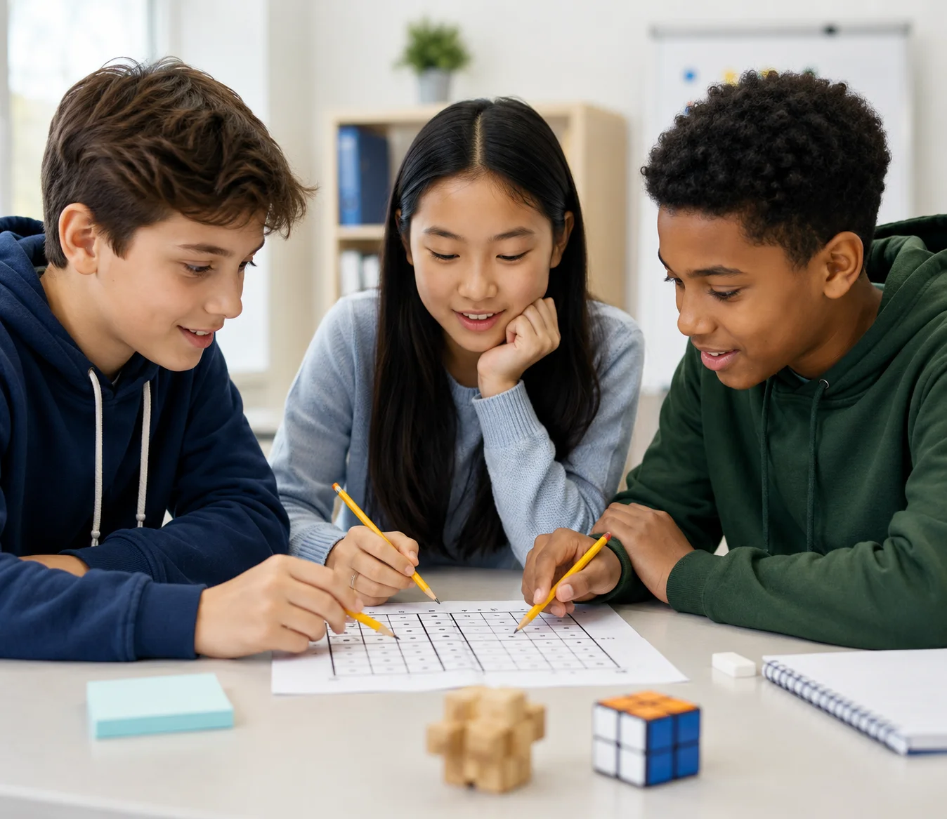 Middle school students solving logic puzzles together to build real thinking and problem-solving skills.