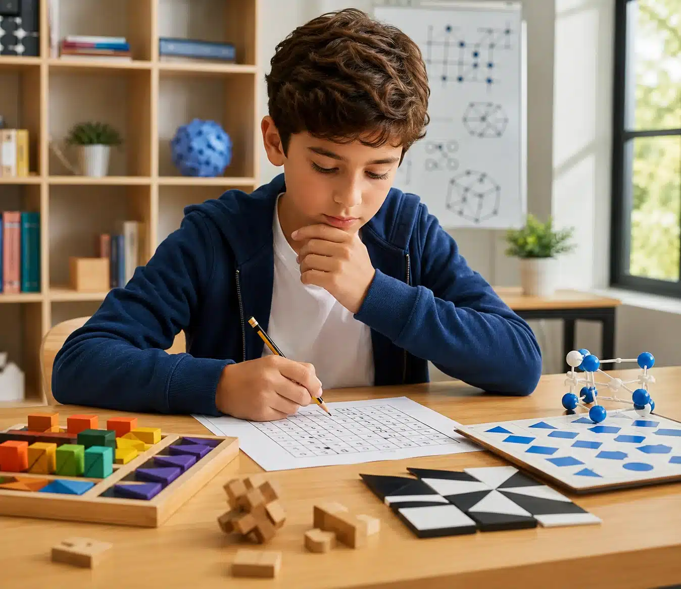 Gifted student solving challenging logic puzzles with number grids, shapes, and hands-on problem-solving activities