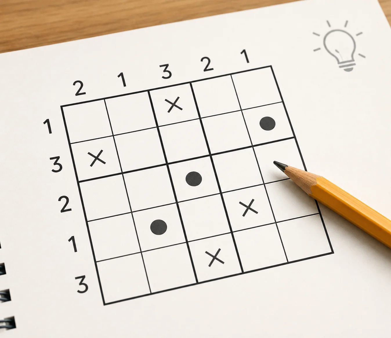 Logic puzzle grid with number clues, symbols, and pencil for clear thinking practice