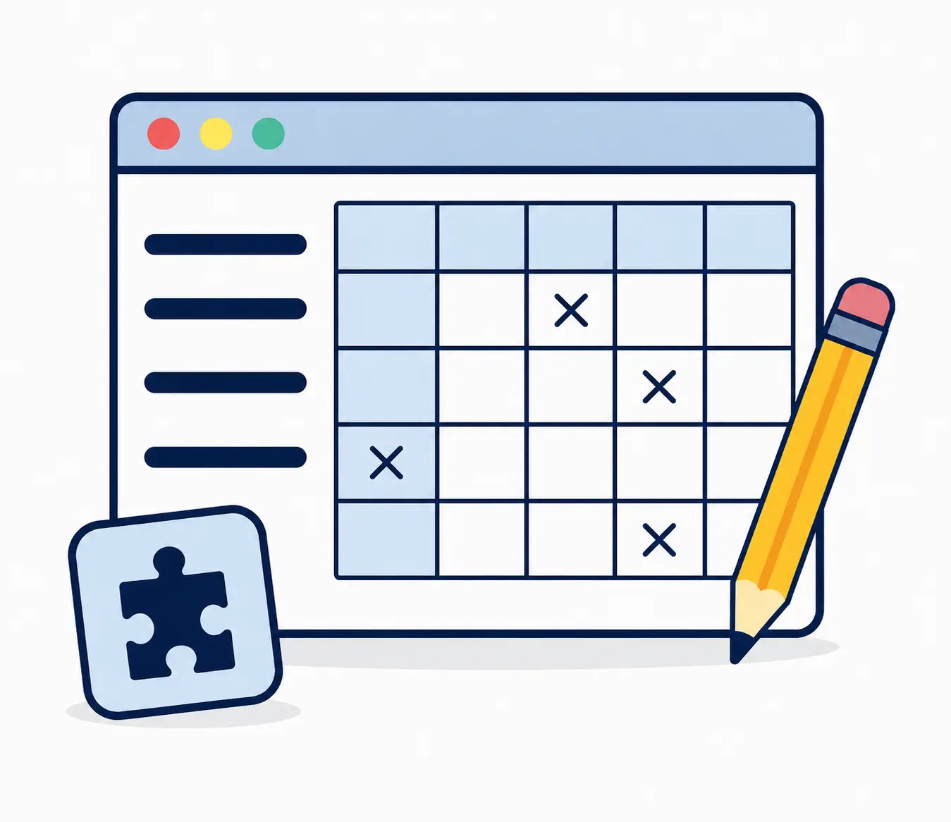 Logic puzzle maker workspace with puzzle grid, clues, and creative brain puzzle elements