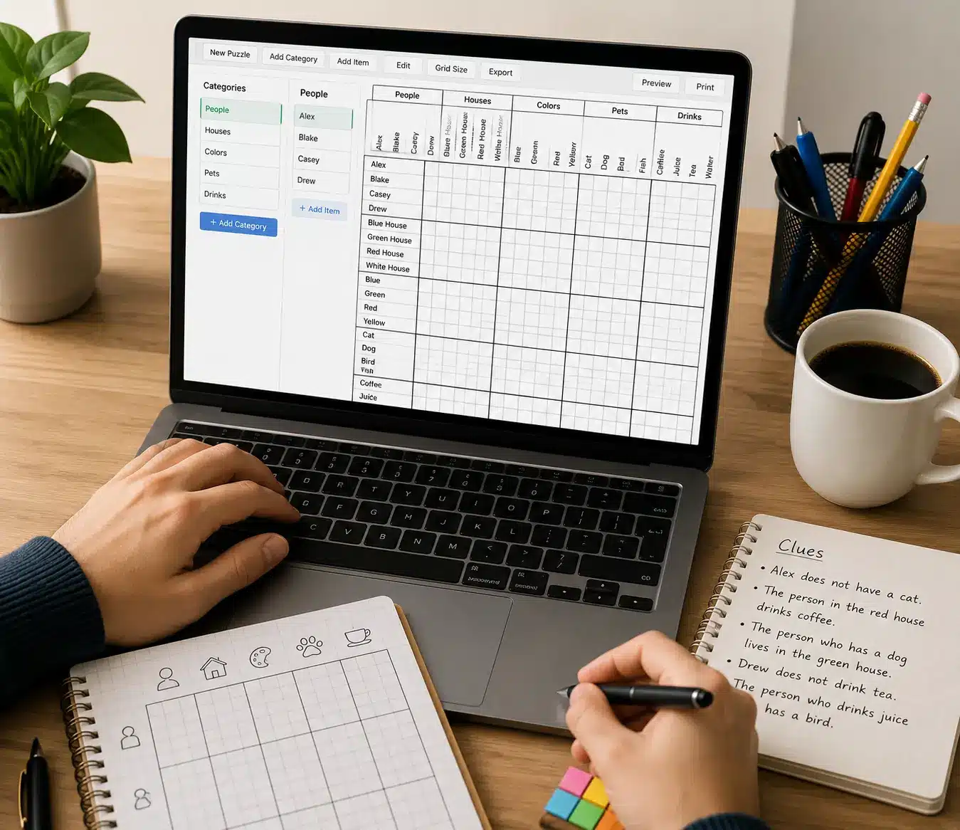 Editorial-style workspace showing a logic puzzle grid maker on a laptop with a printable puzzle grid and note-taking materials.