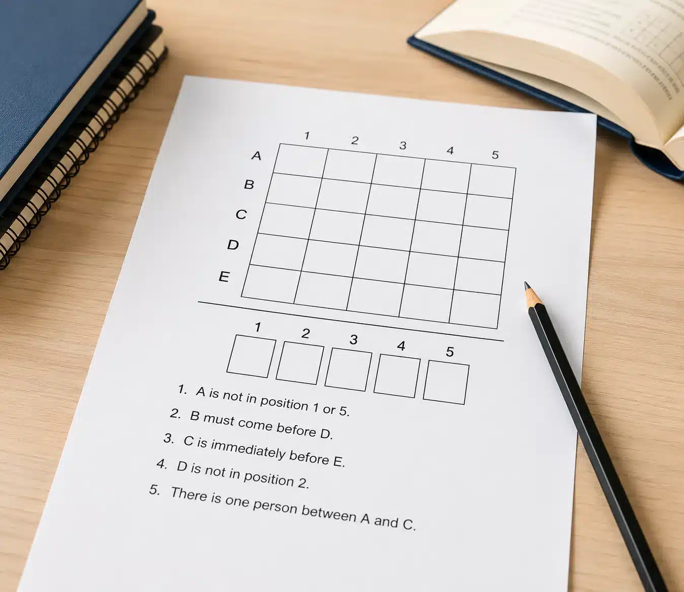 LSAT logic puzzle worksheet with a logic grid, rules, pencil, and study books on a desk