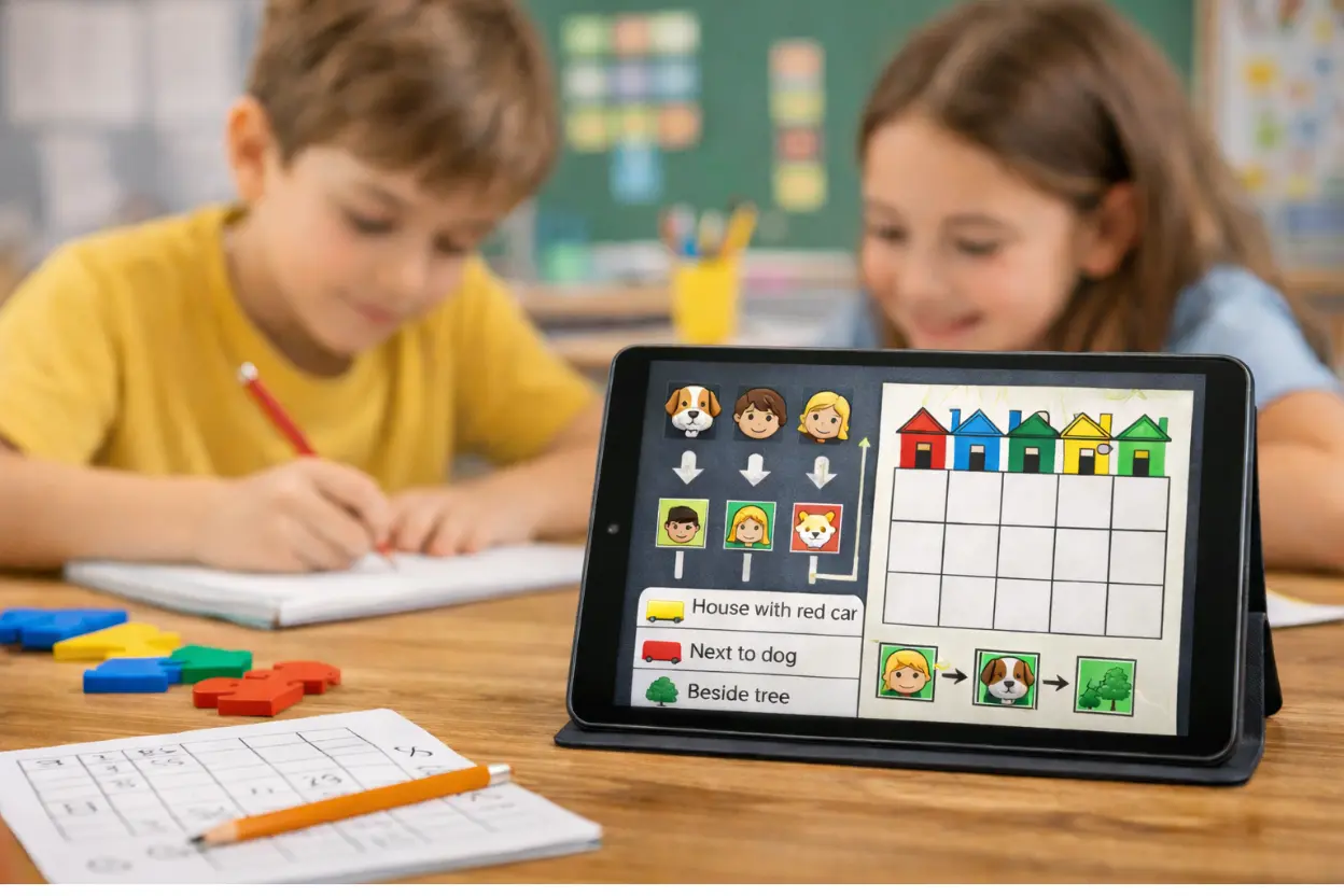 Third graders solving a logic puzzle on a tablet in a bright classroom setting