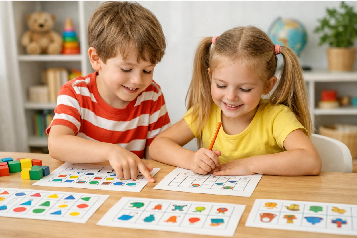 Two young children solving colorful logic puzzles at a table while smiling and learning through play